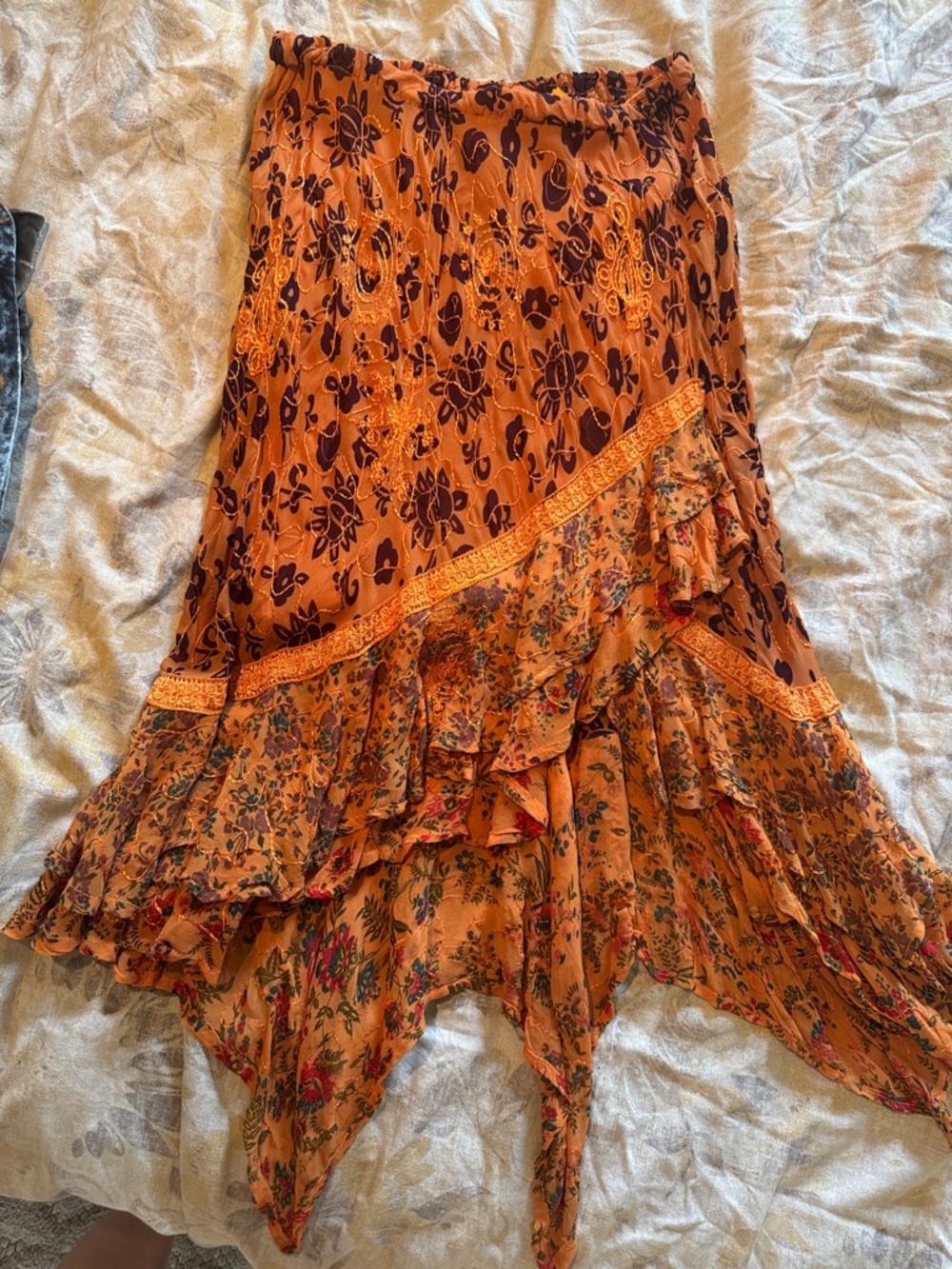 Boho Orange Floral Asymmetrical Handkerchief Skirt
